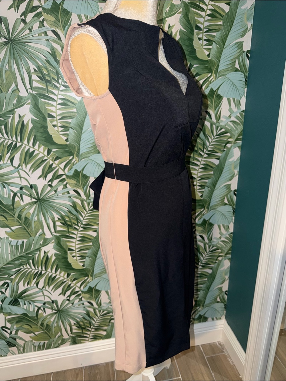 BCBGMaxAzria Black Midi Dress with Blush Side Panels - Picture 3 of 7